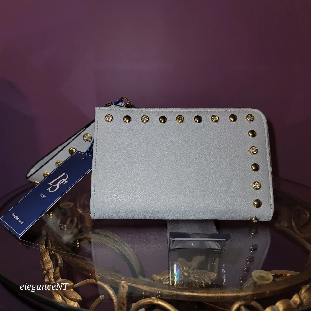 DS Bags Light Blue Studded wristlet wallet clutch with gem studded border NWT - Picture 9 of 11